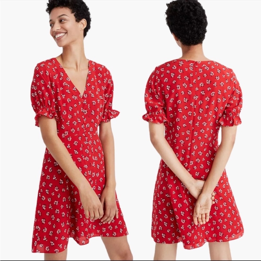 Madewell Red Silk Ruffle-Sleeve Button-Front Dress in Little Lillies 6